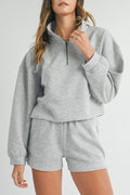 Light Grey Stand Neck Zipped Sweatshirt and Shorts Set Light Grey 50%Polyester+45%Viscose+5%Elastane