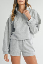 Light Grey Stand Neck Zipped Sweatshirt and Shorts Set Light Grey 50%Polyester+45%Viscose+5%Elastane