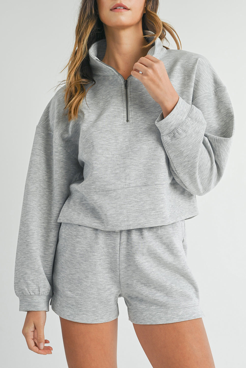 Light Grey Stand Neck Zipped Sweatshirt and Shorts Set Light Grey 50%Polyester+45%Viscose+5%Elastane