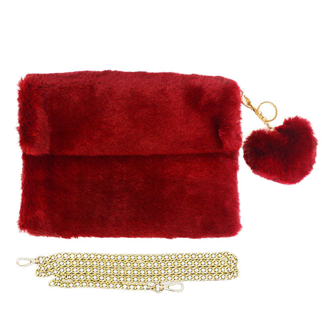 Detachable Heart Pom Pom Keychain Faux Fur Crossbody Bag Burgundy