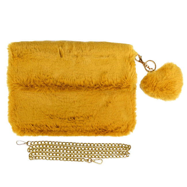 Detachable Heart Pom Pom Keychain Faux Fur Crossbody Bag Mustard