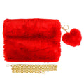Detachable Heart Pom Pom Keychain Faux Fur Crossbody Bag Red