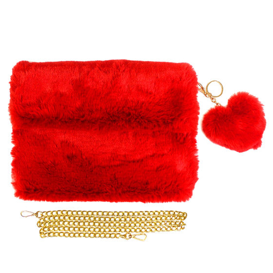 Detachable Heart Pom Pom Keychain Faux Fur Crossbody Bag Red