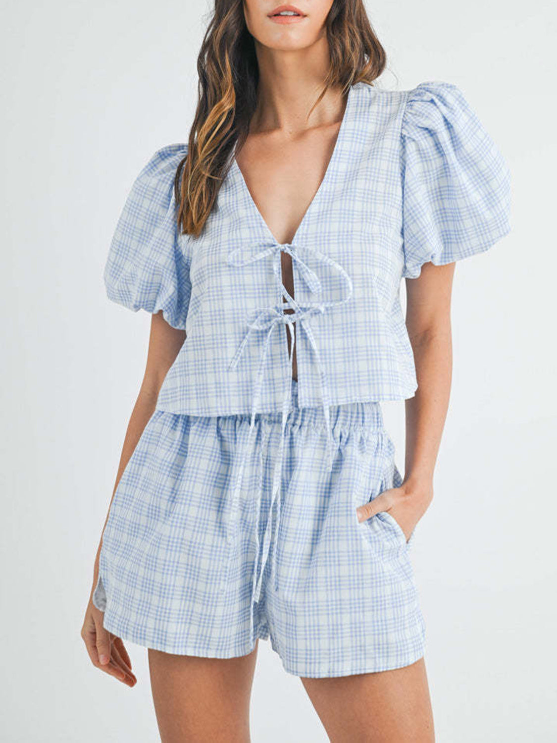 V-Neck Puff Sleeve Top and Shorts Set Light Blue