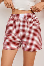 Fern Green Vintage Plaid Print High Waisted Loose Wide Leg Shorts Red Stripe