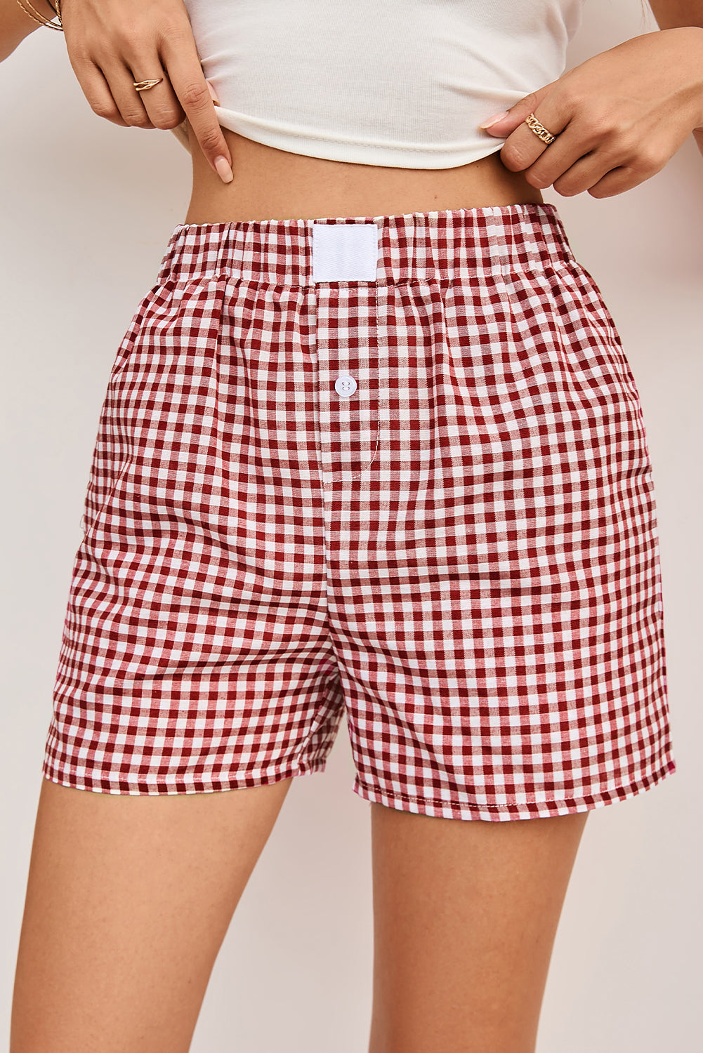 Fern Green Vintage Plaid Print High Waisted Loose Wide Leg Shorts Red Stripe