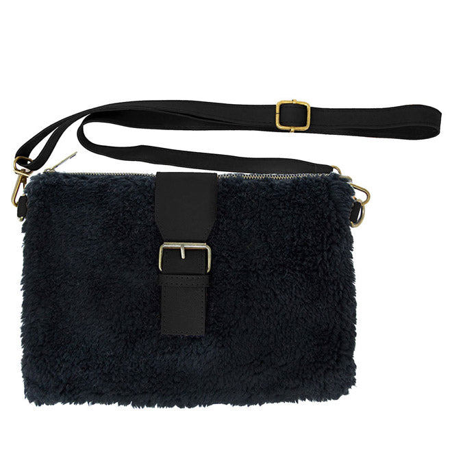 Fashionable Sherpa Fleece Belt Crossbody Bag Black