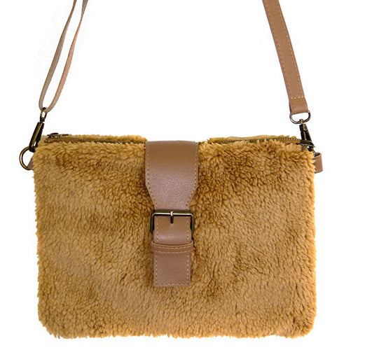 Fashionable Sherpa Fleece Belt Crossbody Bag Brown