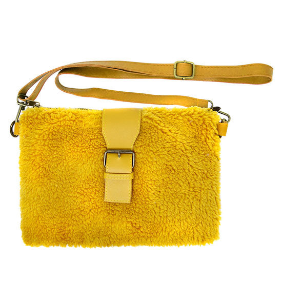 Fashionable Sherpa Fleece Belt Crossbody Bag Mustard