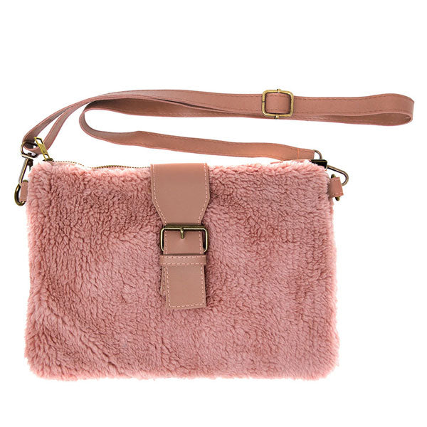 Fashionable Sherpa Fleece Belt Crossbody Bag Pink