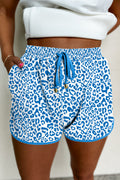 Blue Leopard Elastic Waistband Lace up Contrast Trim Casual Shorts Blue 95%Polyester+5%Elastane