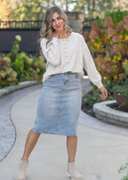 Greta Light Wash Midi Denim Skirt
