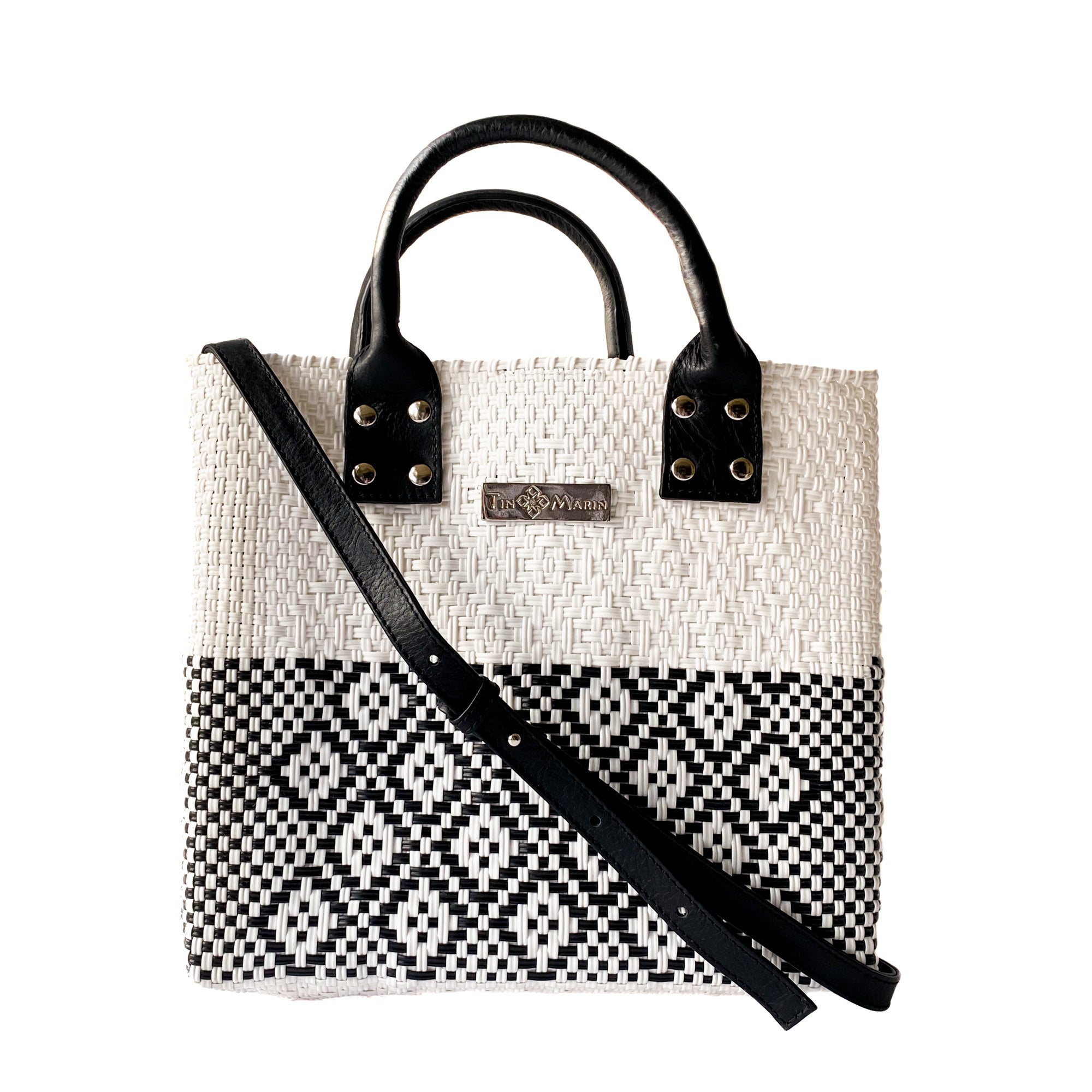 Tin Marin White Large Woven Crossbody Bag - Tan Leather black
