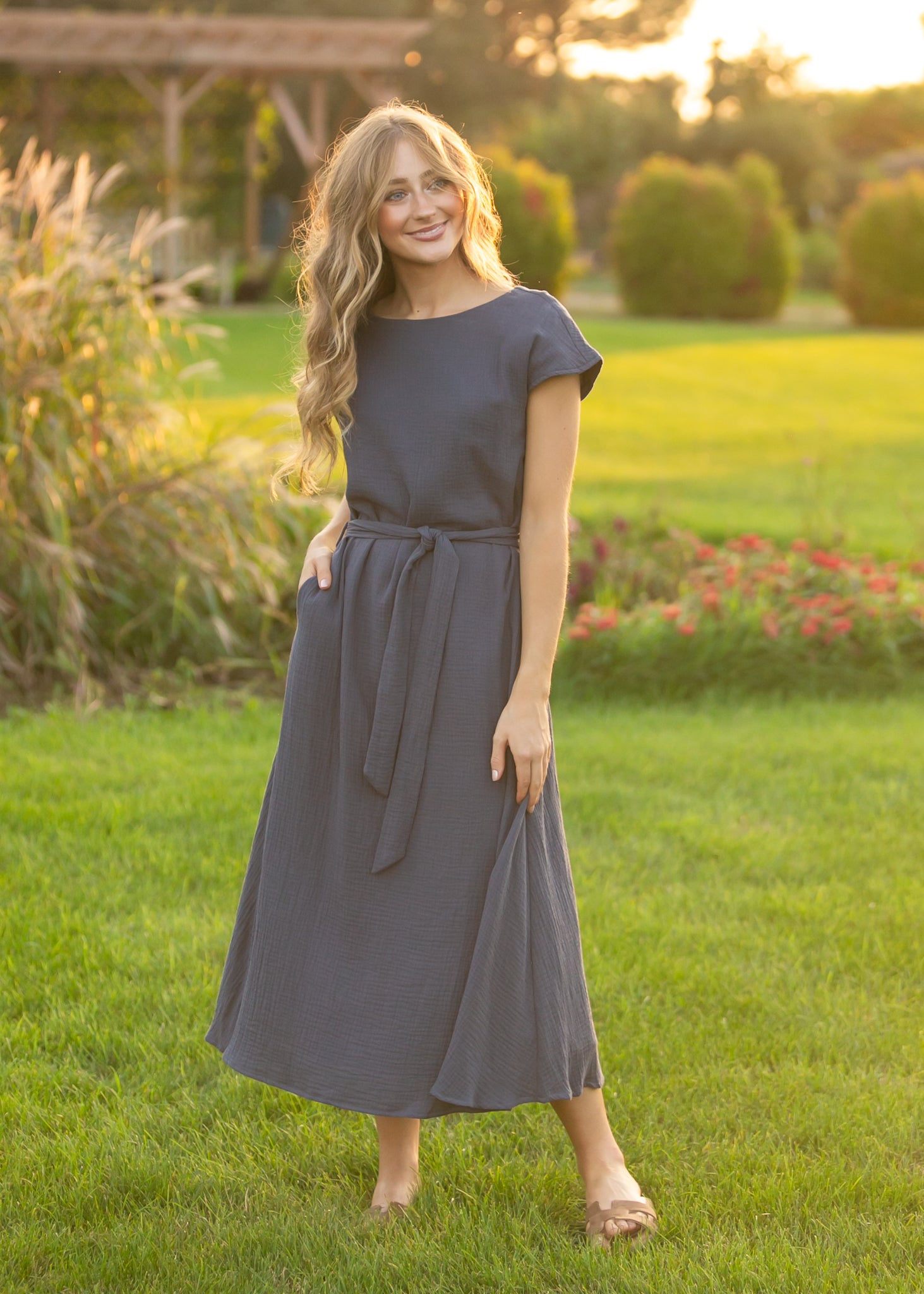 Lily Navy Gauze Belted Midi Dress 2XL