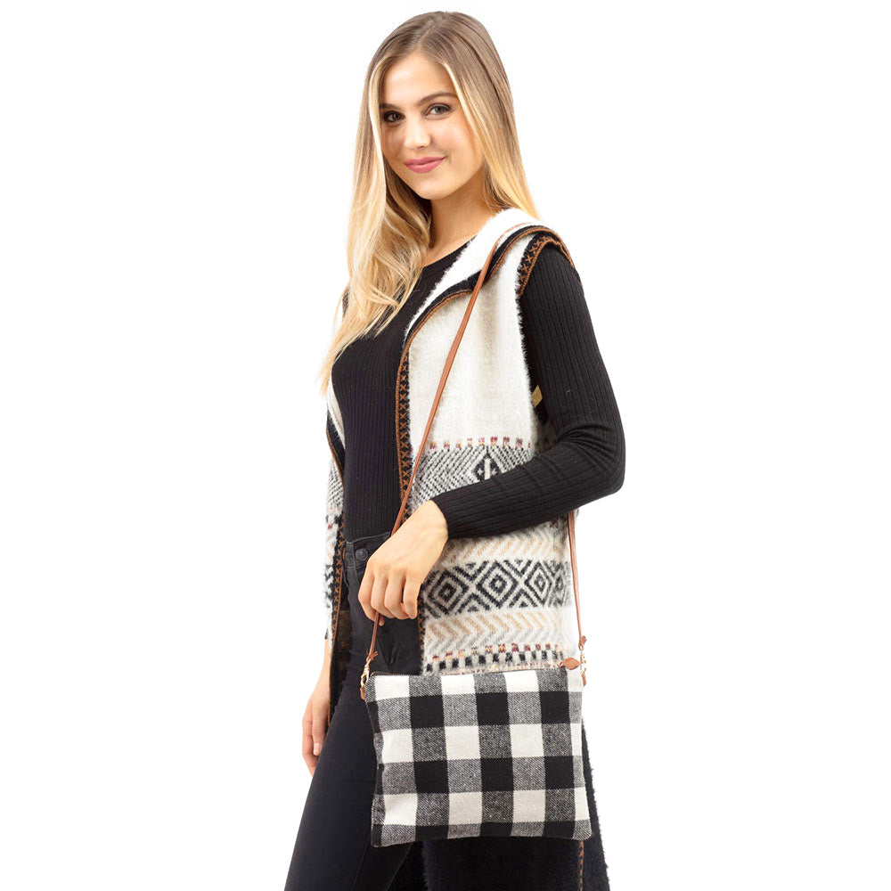Multi-Way Buffalo Plaid Crossbody Wristlet Bag White