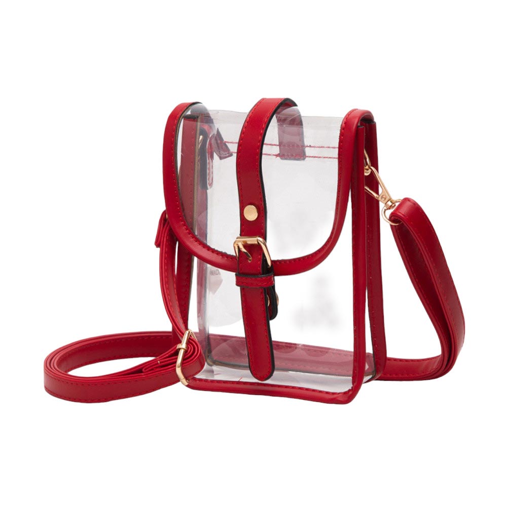 Faux Leather Belt Buckle Pointed Transparent Crossbody Bag Red