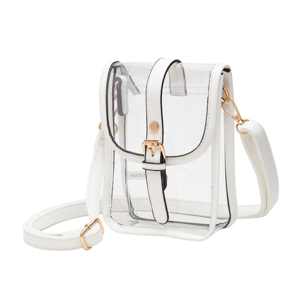 Faux Leather Belt Buckle Pointed Transparent Crossbody Bag White